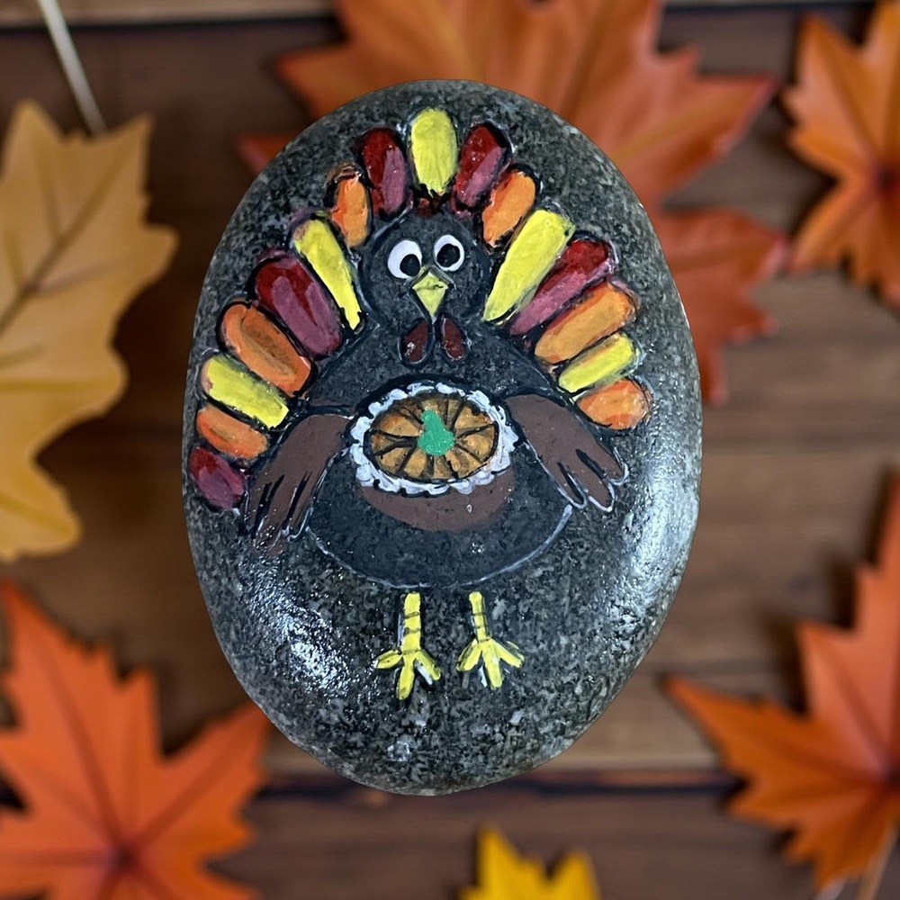 Hand crafted painted Thanksgiving turkey pumpkin pie rock natural stone orange